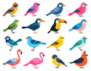 Fototapeta premium Colorful playful cartoon birds collection for children’s illustrations and decor