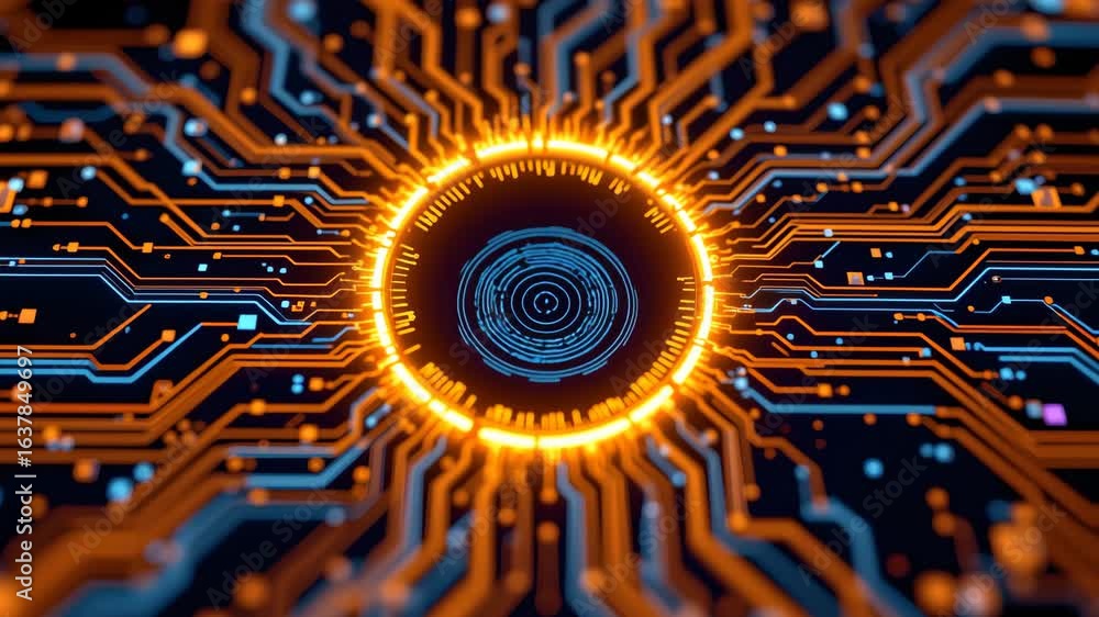 Poster digital core: the mesmerizing core of a computer's processing unit, vividly illustrated with glowing