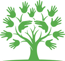Green handprint tree symbolizing community and care.
