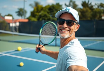 Tennis Player in White Shirt and Cap Holding Racket on Outdoor Court &ndash; Two Balls, Net, Fence, Trees, and Red-Roofed Building in Background 