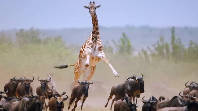 4K Giraffes in Pursuit Dramatic Chase of Wildebeest