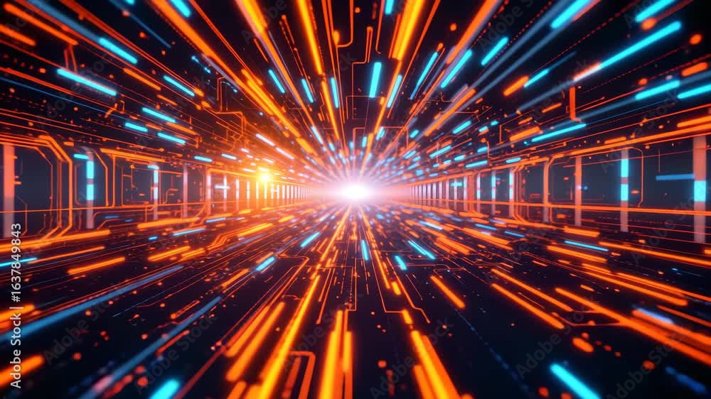 Poster cyber corridor: a captivating tunnel of data, illuminated by a vibrant array of orange and blue line