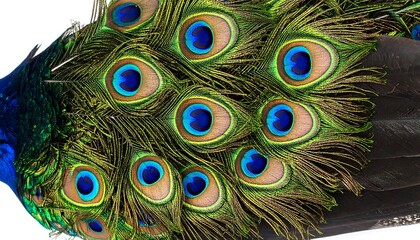 Close-up view of a peacock's vibrant tail feathers, showcasing intricate detail and color variations