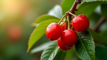 Close-up of Bright Red Miracle Berries on a Branch with Glossy Green Leaves, Sharp Focus