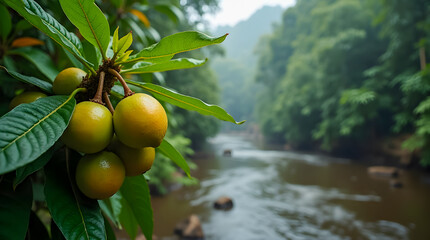 Camu Camu Growing Along Riverbanks on a Shrub, Moody Amazon Rainforest Background