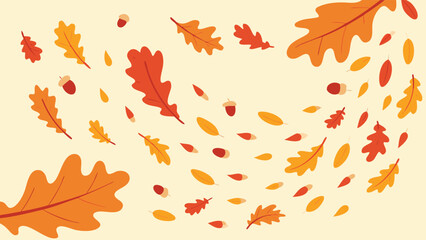 Autumn leaves and acorns scattered on a light background in a whimsical and decorative arrangement