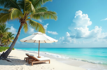 Obraz premium White beach umbrella and palm trees