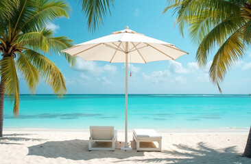 Fototapeta premium White beach umbrella and palm trees