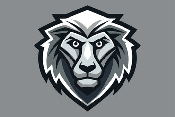 Striking lion head features a detailed mane in grayscale tones on gray backdrop