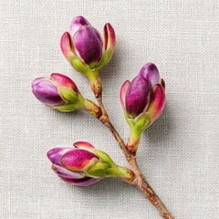 Close-up of a branch with three unopened magenta flower buds on a textured light beige surface