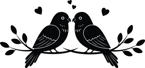 Two love birds sitting on intertwined branches with hearts above, romantic nature symbol, cute bird couple vector illustration, cad drawing flat vector illustration