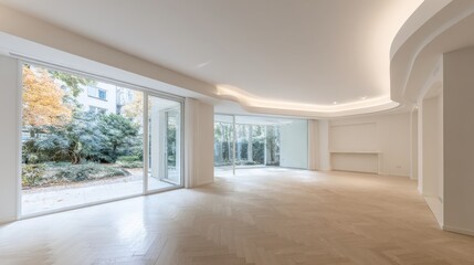 Fototapeta premium Bright and Spacious Modern Living Room with Large Windows Overlooking a Lush Garden