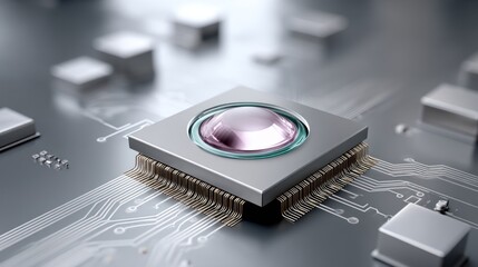 Close-up of a metallic sensor chip with a round lens, mounted on a circuit board