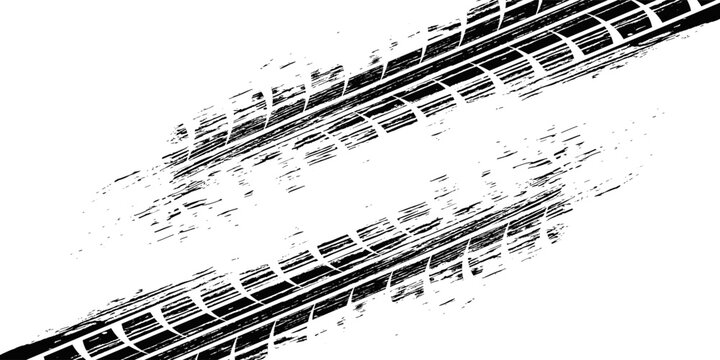 Tire track. Car, bike, motorcycle tyre mark with grunge effect isolated on white background. Wheel footprint on the road. Top view of rubber protector mark