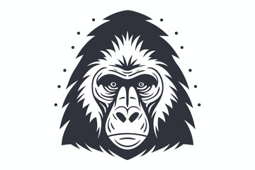 Majestic gorilla head stares with intricate detail surrounded by dark, stylized fur design