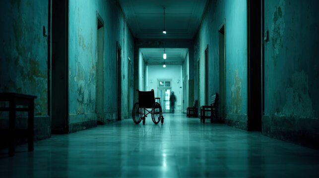 Eerie Hospital Hallway with Wheelchair and Ghostly Figure, Depicting Abandonment and Decay