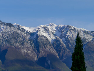 View from Musio, a district of Tremosine, of the Monte Telegrafo peak on Monte Baldo. In the foreground is a cypress tree.