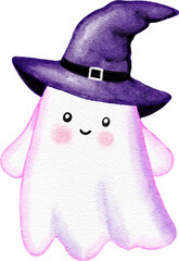 Hand drawn illustration of cute purple Halloween ghost in witch hat with trick or treat pink ectoplasm. Funny kids nursery holiday design in watercolor, creepy spooky print for children in lavender.