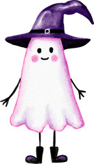 Hand drawn illustration of cute purple Halloween ghost in witch hat with trick or treat pink ectoplasm. Funny kids nursery holiday design in watercolor, creepy spooky print for children in lavender.