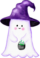 Hand drawn illustration of cute purple Halloween ghost in witch hat with trick or treat pink ectoplasm. Funny kids nursery holiday design in watercolor, creepy spooky print for children in lavender.