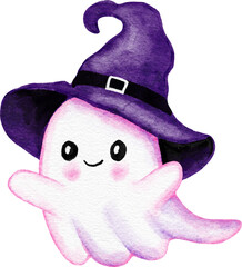Hand drawn illustration of cute purple Halloween ghost in witch hat with trick or treat pink ectoplasm. Funny kids nursery holiday design in watercolor, creepy spooky print for children in lavender.