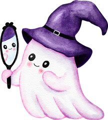 Hand drawn illustration of cute purple Halloween ghost in witch hat with trick or treat pink ectoplasm. Funny kids nursery holiday design in watercolor, creepy spooky print for children in lavender.
