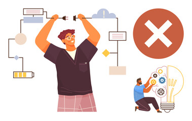 Man troubleshooting wiring diagram near error sign, innovator adjusting bright idea gears in bulb concept. Ideal for innovation, technology, collaboration, brainstorming, troubleshooting