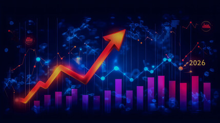 Abstract Economic Growth Illustration with Rising Red Arrow and Year 2026. Generative AI