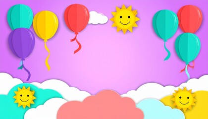 Colorful cartoon background featuring balloons, smiling suns, and fluffy clouds against a gradient purple backdrop.
