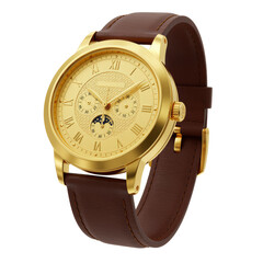 Elegant gold wristwatch with brown leather strap isolated on transparent background