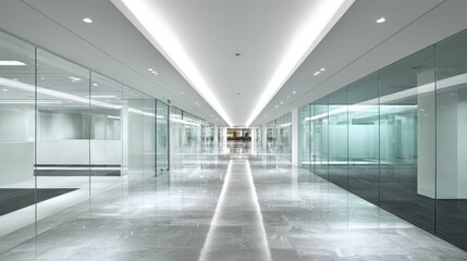 Obraz premium Bright modern office interior corridor with glass walls and minimalist design provides a clean workspace