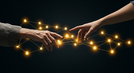 Two hands reaching towards each other, connected by a network of glowing lights against a dark background.