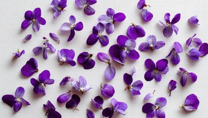 Scattered purple flower petals on white background