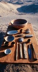 Archaeological artifacts on a wooden table in a desert