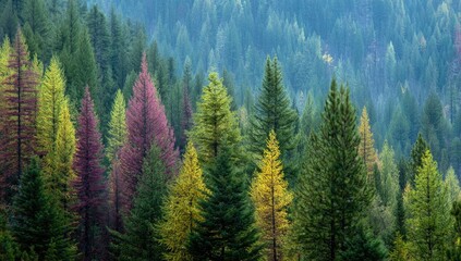 Autumn forest canopy, various shades of colorful trees