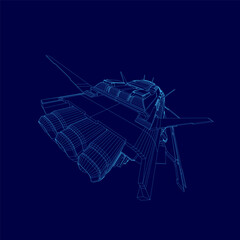 A futuristic fighter spaceship in detailed 3D wireframe model, showcasing wings, engines, and cockpit against a solid blue background. The blueprint-style design highlights intricate technical.