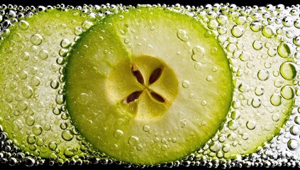 Green apple slices in water, bubbly