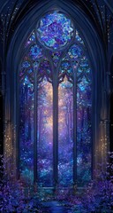 Gothic stained-glass window, vibrant forest scene