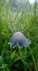 Delicate, light-blue bell-shaped object, encased in a spiderweb crown adorned with dew drops, rests amidst tall grass