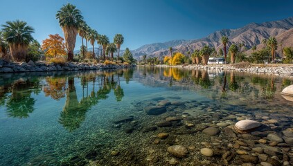 Crystal-clear river reflecting palm trees and mountains