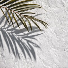 Palm leaf shadow on textured white wall