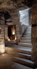 Interior view of a stone crypt with steps leading upward