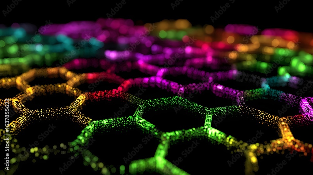 Poster colorful honeycomb pattern of glowing hexagonal shapes.
