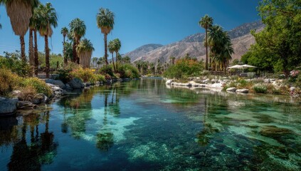 Crystal-clear stream, palm trees, mountains, vibrant flora, tranquil scene