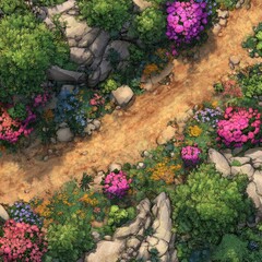 Sunny path winding through rocky, flower-filled terrain