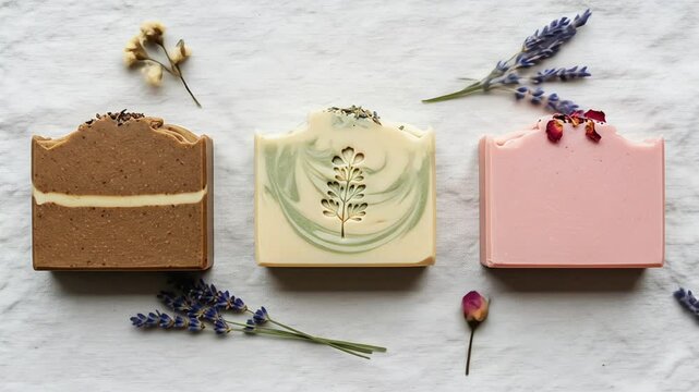 Elegant handcrafted soaps adorned with flowers and herbs.