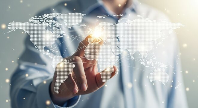Global Business Network: Man Touching World Map Interface for International Connections and Digital Transformation
