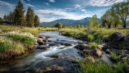 Stream flowing through meadow, mountains backdrop