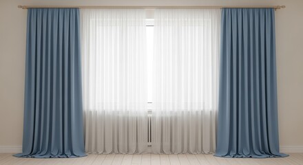 Elegant Window with Blue Curtains and White Sheer Panels, Enhancing Interior Design and Natural Light