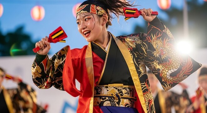 輝く笑顔：夏祭りでよさこい踊りを披露する日本人女子